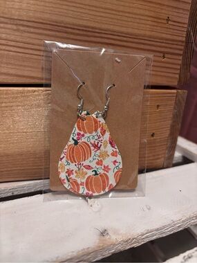 Pumpkin Print Teardrop Earrings - Orange Fall Leaf Design